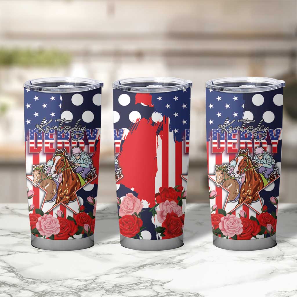Kentucky Horses Racing Tumbler Cup US Flag Grunge and Dot Pattern Blue Color