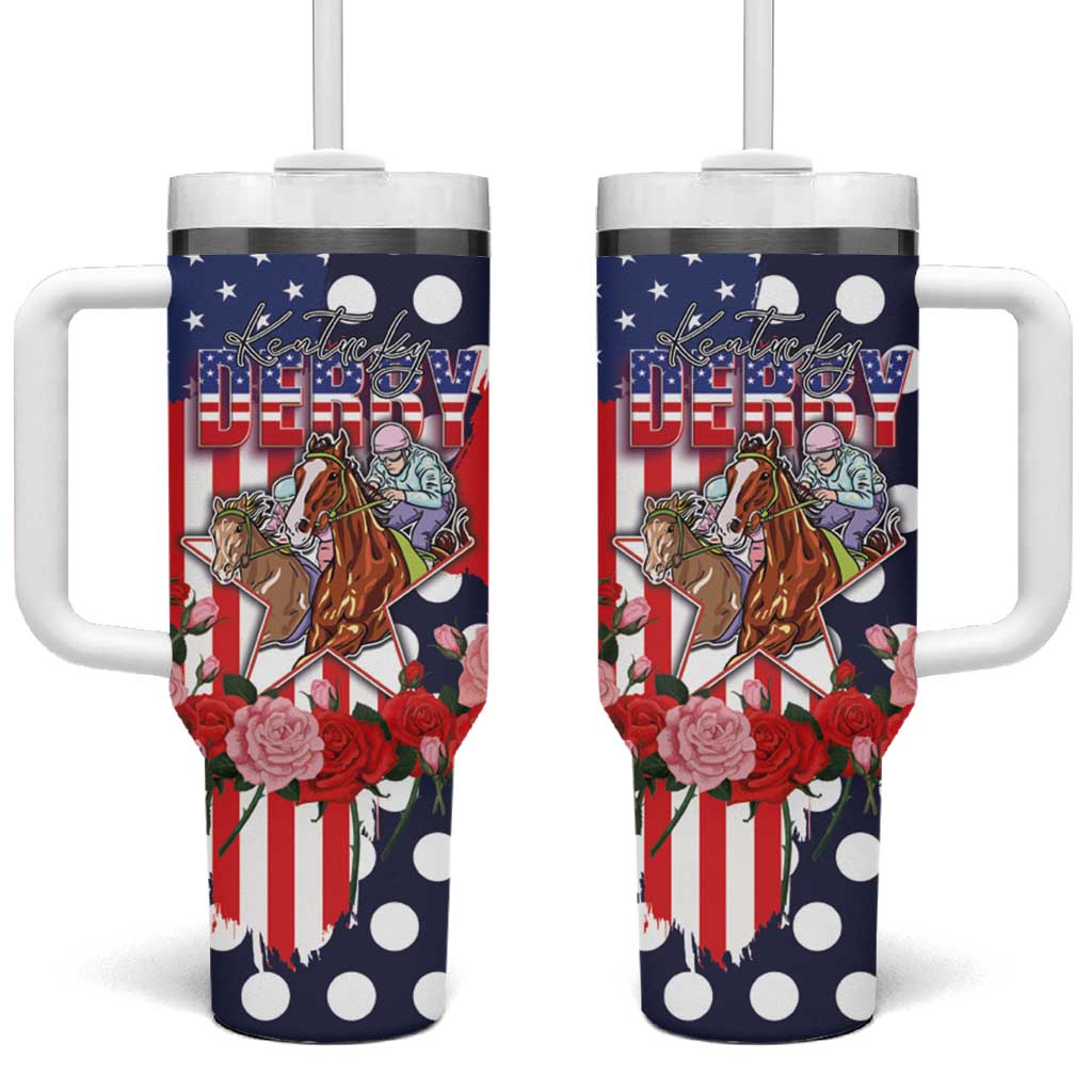 Kentucky Horses Racing Tumbler With Handle US Flag Grunge and Dot Pattern Blue Color