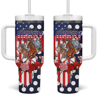 Kentucky Horses Racing Tumbler With Handle US Flag Grunge and Dot Pattern Blue Color
