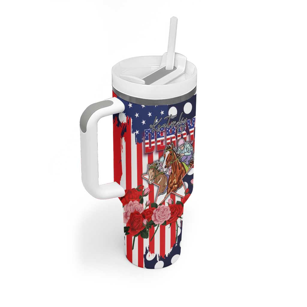 Kentucky Horses Racing Tumbler With Handle US Flag Grunge and Dot Pattern Blue Color