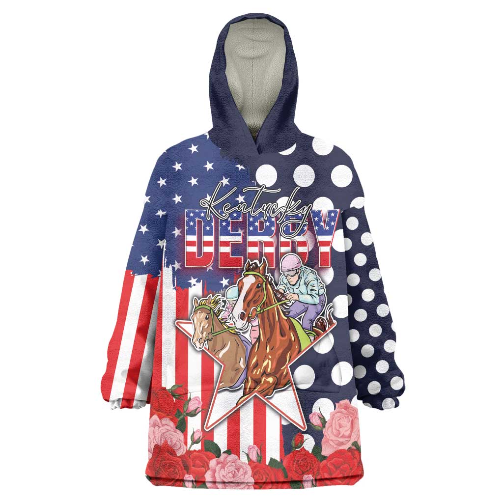 Kentucky Horses Racing Wearable Blanket Hoodie US Flag Grunge and Dot Pattern Blue Color