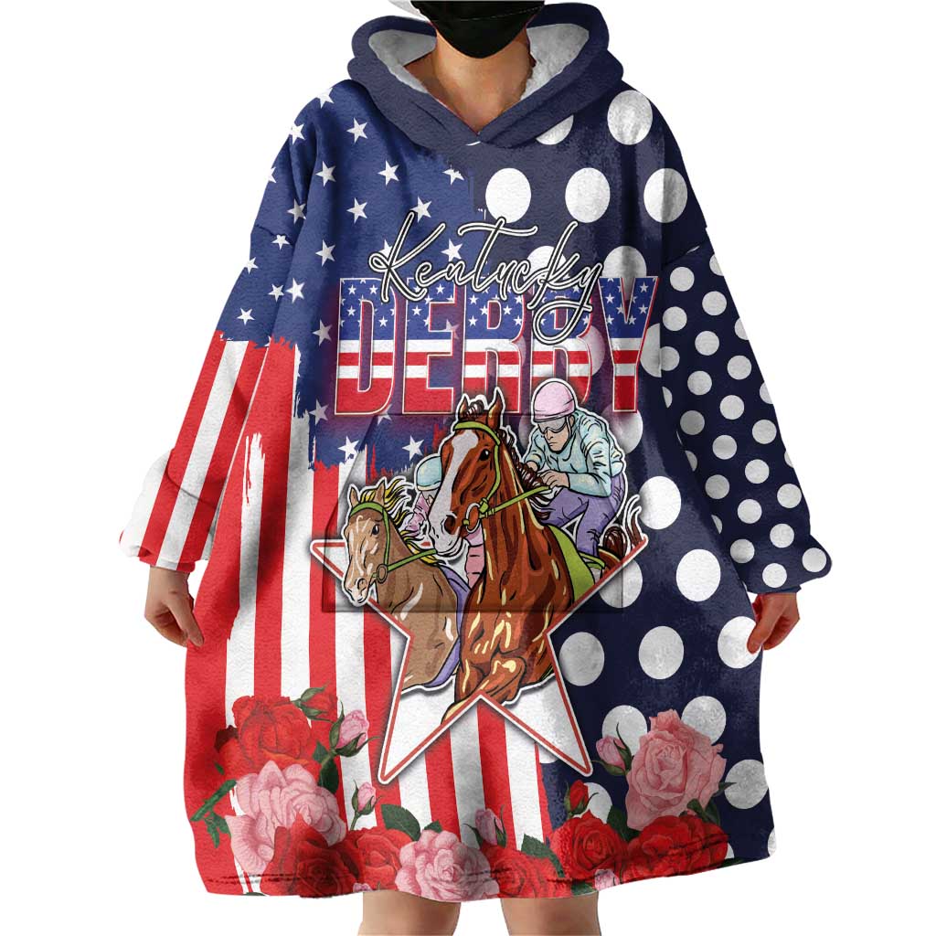 Kentucky Horses Racing Wearable Blanket Hoodie US Flag Grunge and Dot Pattern Blue Color