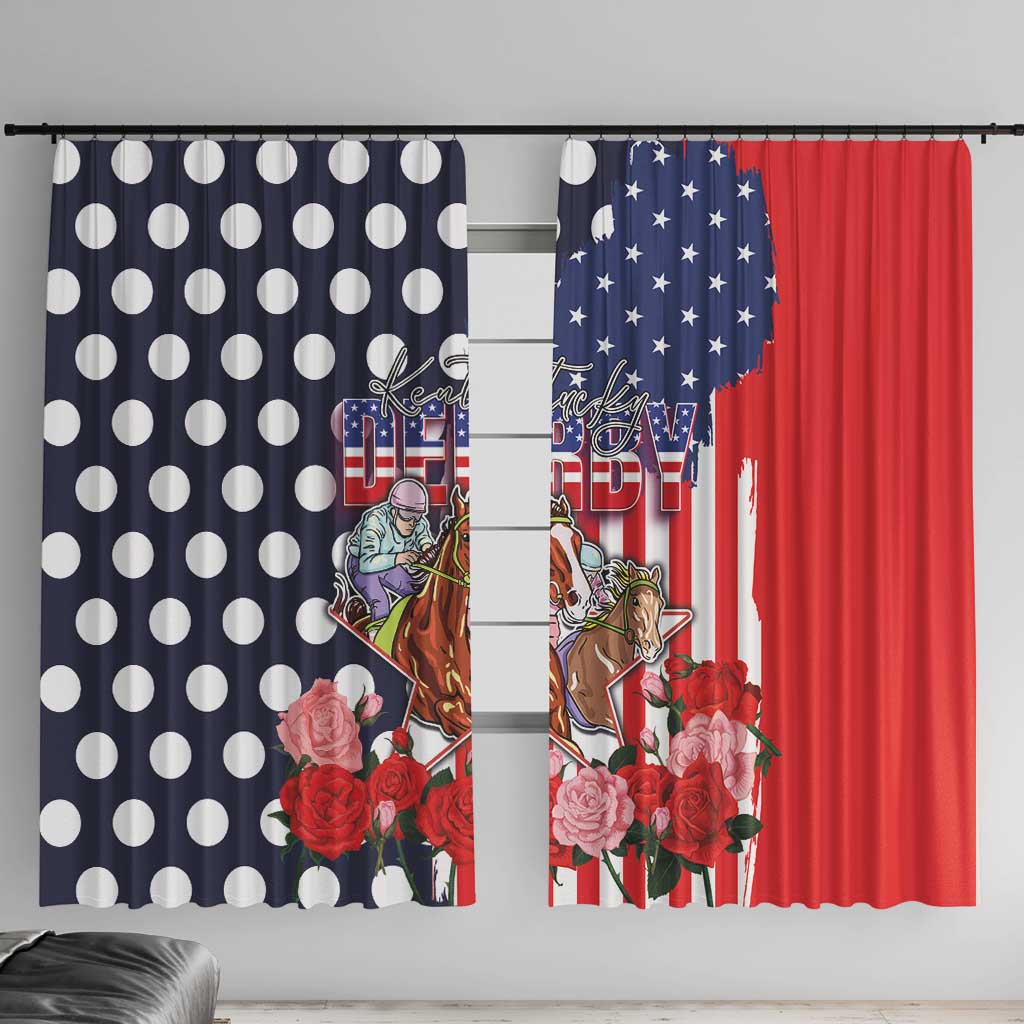 Kentucky Horses Racing Window Curtain US Flag Grunge and Dot Pattern Blue Color