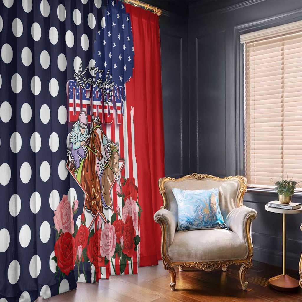 Kentucky Horses Racing Window Curtain US Flag Grunge and Dot Pattern Blue Color