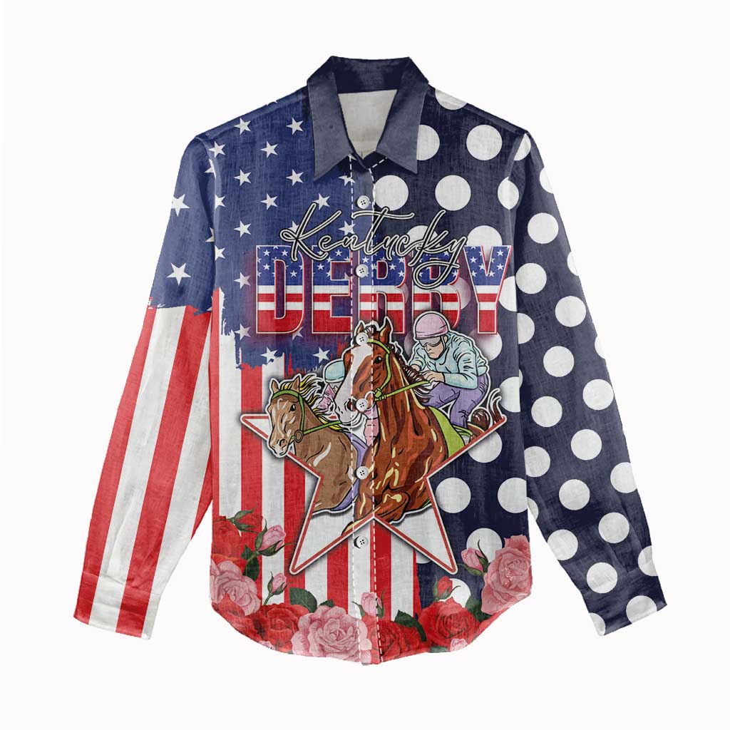 Kentucky Horses Racing Women Casual Shirt US Flag Grunge and Dot Pattern Blue Color
