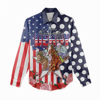 Kentucky Horses Racing Women Casual Shirt US Flag Grunge and Dot Pattern Blue Color