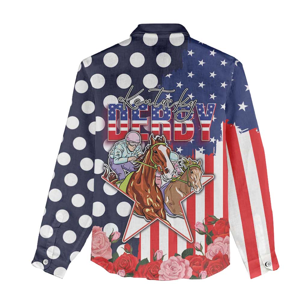 Kentucky Horses Racing Women Casual Shirt US Flag Grunge and Dot Pattern Blue Color