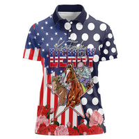 Kentucky Horses Racing Women Polo Shirt US Flag Grunge and Dot Pattern Blue Color