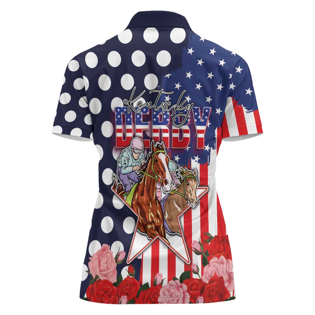 Kentucky Horses Racing Women Polo Shirt US Flag Grunge and Dot Pattern Blue Color