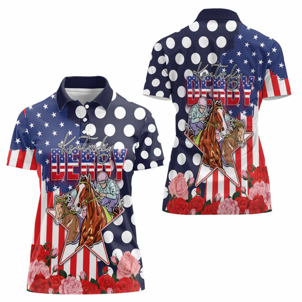 Kentucky Horses Racing Women Polo Shirt US Flag Grunge and Dot Pattern Blue Color