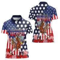 Kentucky Horses Racing Women Polo Shirt US Flag Grunge and Dot Pattern Blue Color