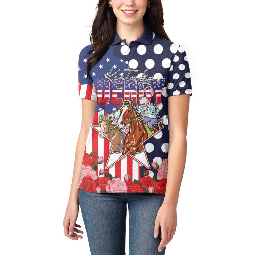 Kentucky Horses Racing Women Polo Shirt US Flag Grunge and Dot Pattern Blue Color
