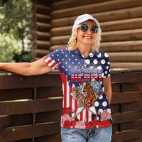 Kentucky Horses Racing Women Polo Shirt US Flag Grunge and Dot Pattern Blue Color