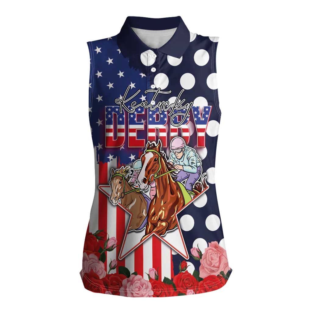 Kentucky Horses Racing Women Sleeveless Polo Shirt US Flag Grunge and Dot Pattern Blue Color