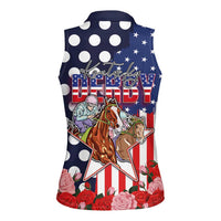 Kentucky Horses Racing Women Sleeveless Polo Shirt US Flag Grunge and Dot Pattern Blue Color