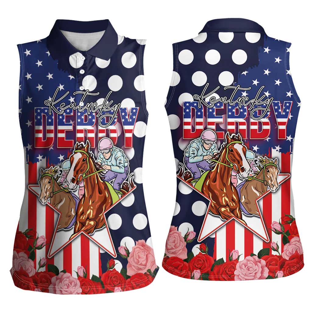 Kentucky Horses Racing Women Sleeveless Polo Shirt US Flag Grunge and Dot Pattern Blue Color