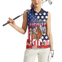 Kentucky Horses Racing Women Sleeveless Polo Shirt US Flag Grunge and Dot Pattern Blue Color