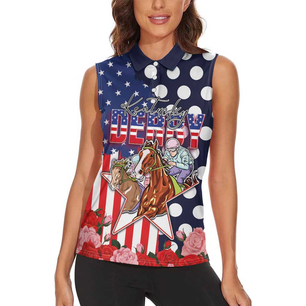 Kentucky Horses Racing Women Sleeveless Polo Shirt US Flag Grunge and Dot Pattern Blue Color