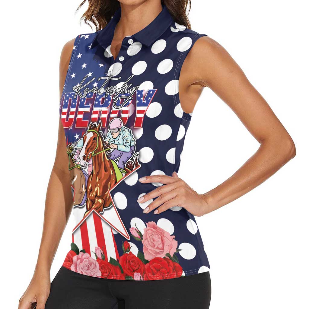 Kentucky Horses Racing Women Sleeveless Polo Shirt US Flag Grunge and Dot Pattern Blue Color
