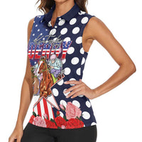 Kentucky Horses Racing Women Sleeveless Polo Shirt US Flag Grunge and Dot Pattern Blue Color