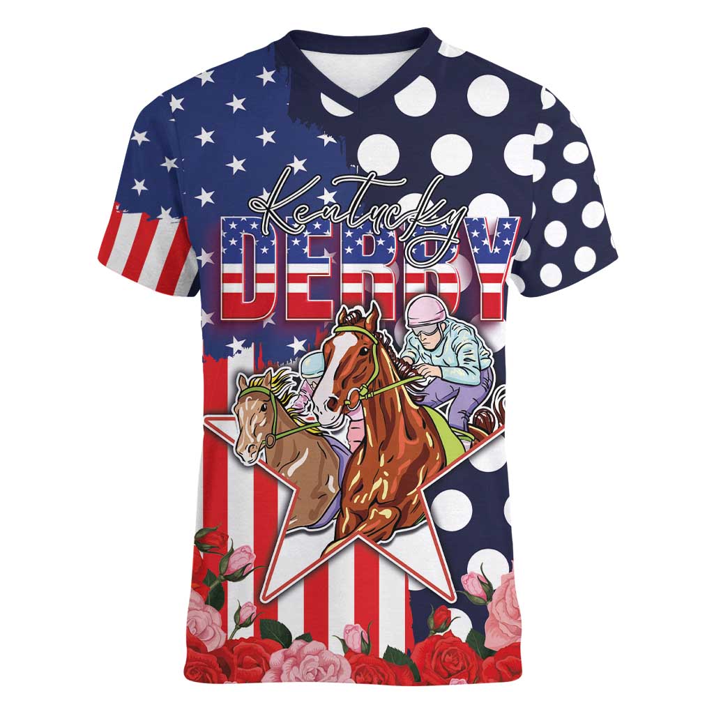 Kentucky Horses Racing Women V-Neck T-Shirt US Flag Grunge and Dot Pattern Blue Color