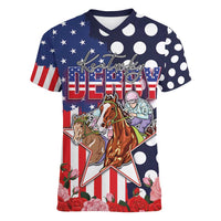 Kentucky Horses Racing Women V-Neck T-Shirt US Flag Grunge and Dot Pattern Blue Color