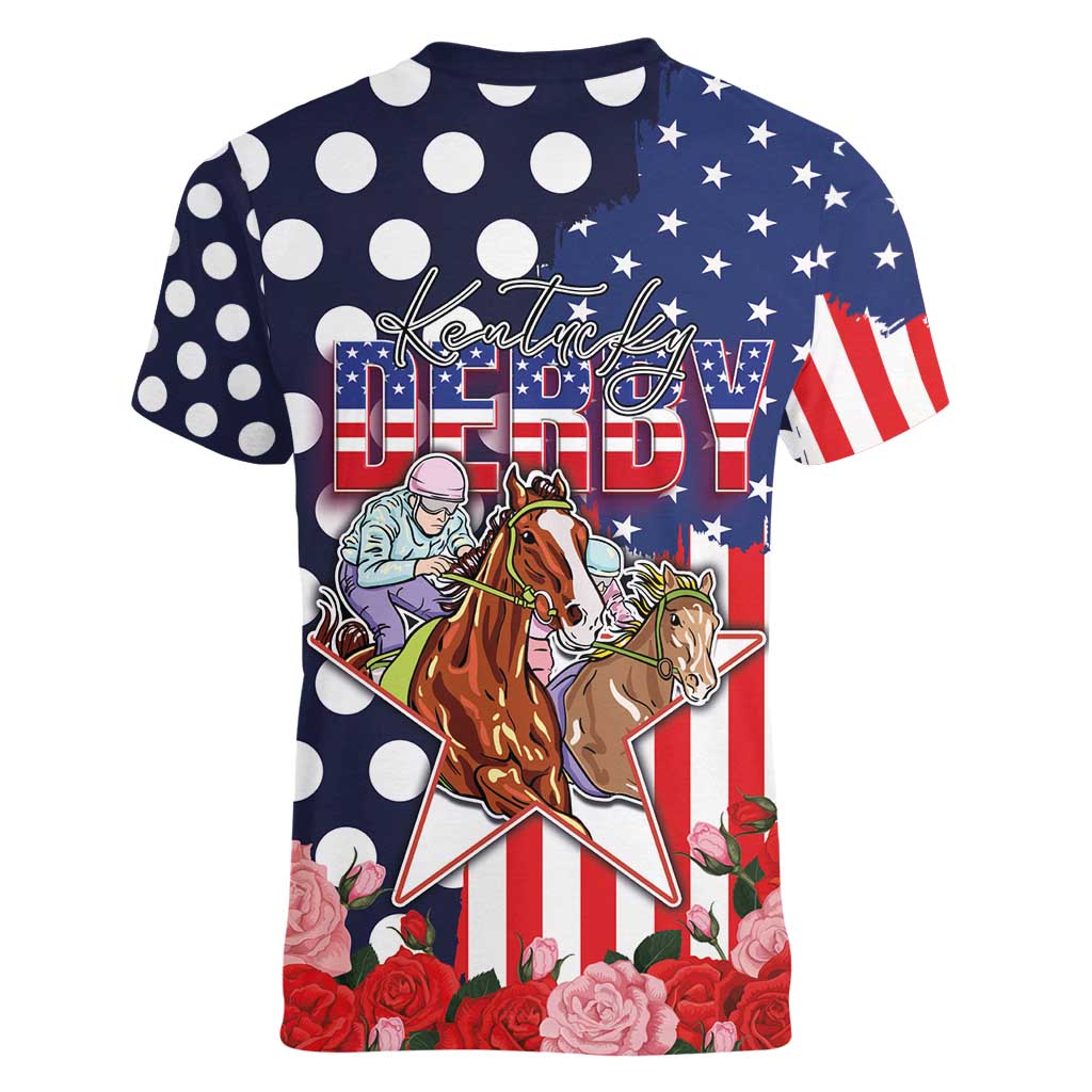 Kentucky Horses Racing Women V-Neck T-Shirt US Flag Grunge and Dot Pattern Blue Color