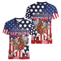 Kentucky Horses Racing Women V-Neck T-Shirt US Flag Grunge and Dot Pattern Blue Color