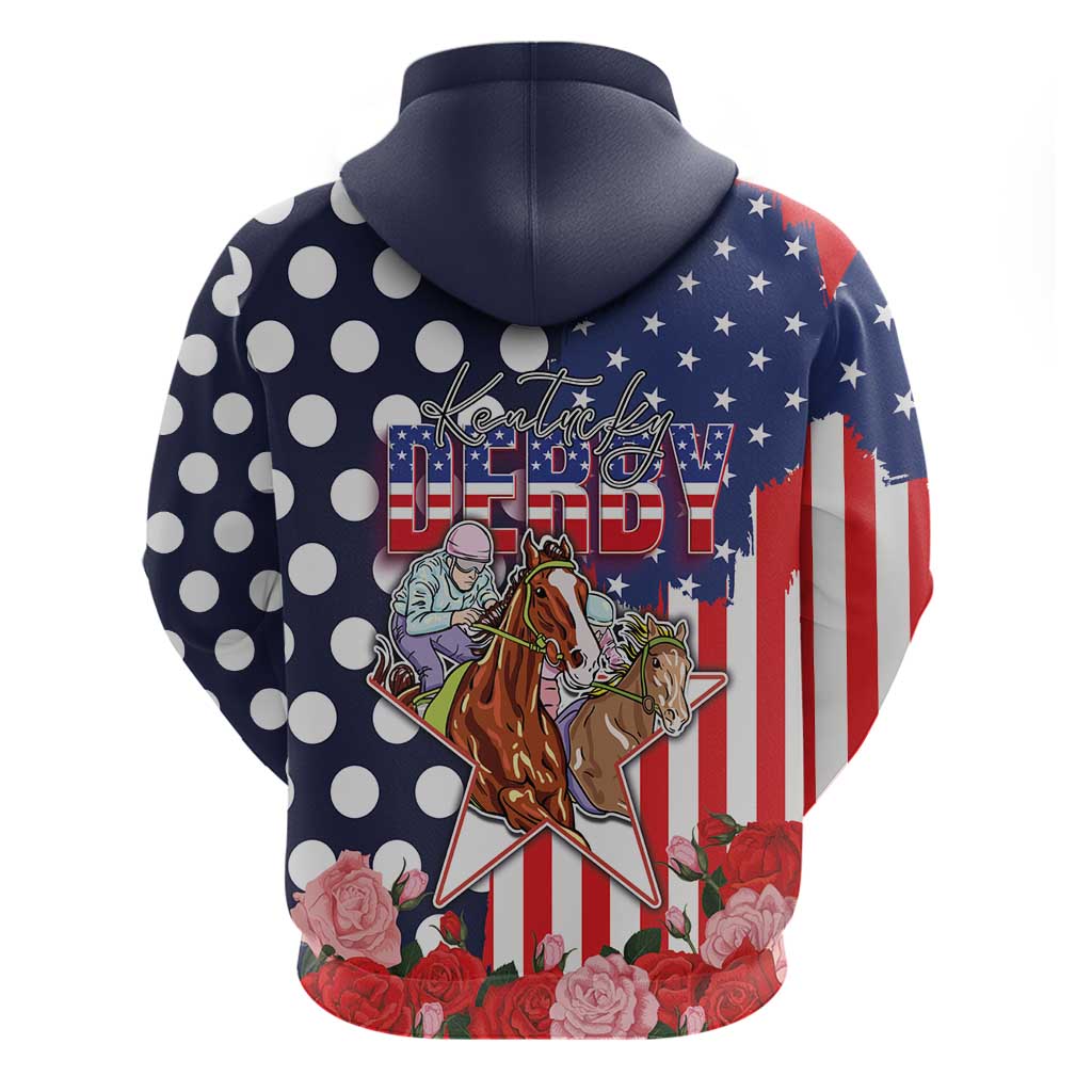Kentucky Horses Racing Zip Hoodie US Flag Grunge and Dot Pattern Blue Color