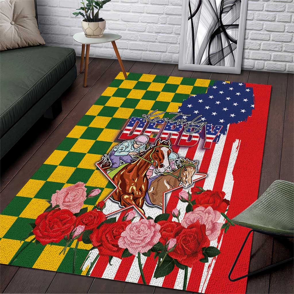 Kentucky Horses Racing Area Rug US Flag Grunge and Check Pattern Green Color