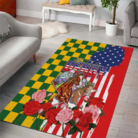 Kentucky Horses Racing Area Rug US Flag Grunge and Check Pattern Green Color