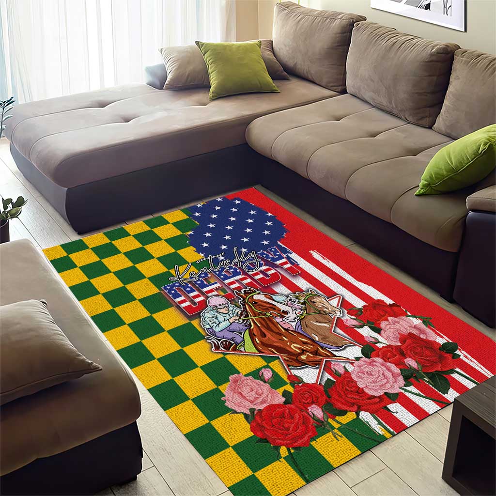 Kentucky Horses Racing Area Rug US Flag Grunge and Check Pattern Green Color