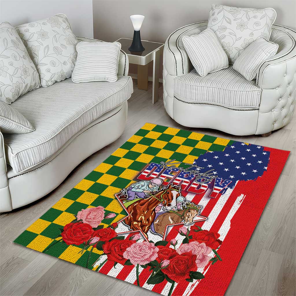 Kentucky Horses Racing Area Rug US Flag Grunge and Check Pattern Green Color