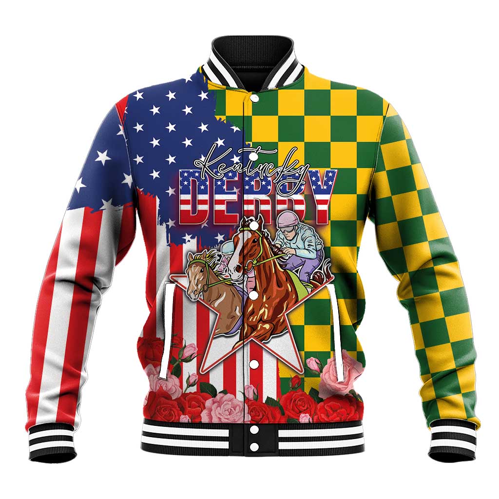 Kentucky Horses Racing Baseball Jacket US Flag Grunge and Check Pattern Green Color