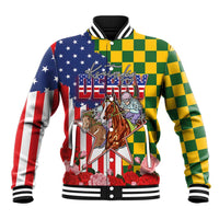 Kentucky Horses Racing Baseball Jacket US Flag Grunge and Check Pattern Green Color