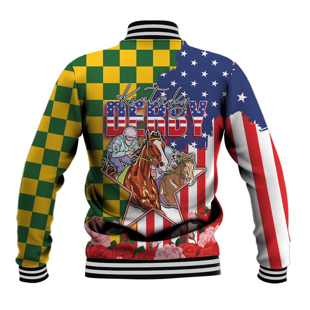 Kentucky Horses Racing Baseball Jacket US Flag Grunge and Check Pattern Green Color