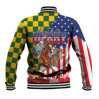 Kentucky Horses Racing Baseball Jacket US Flag Grunge and Check Pattern Green Color