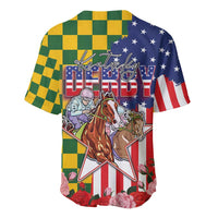 Kentucky Horses Racing Baseball Jersey US Flag Grunge and Check Pattern Green Color