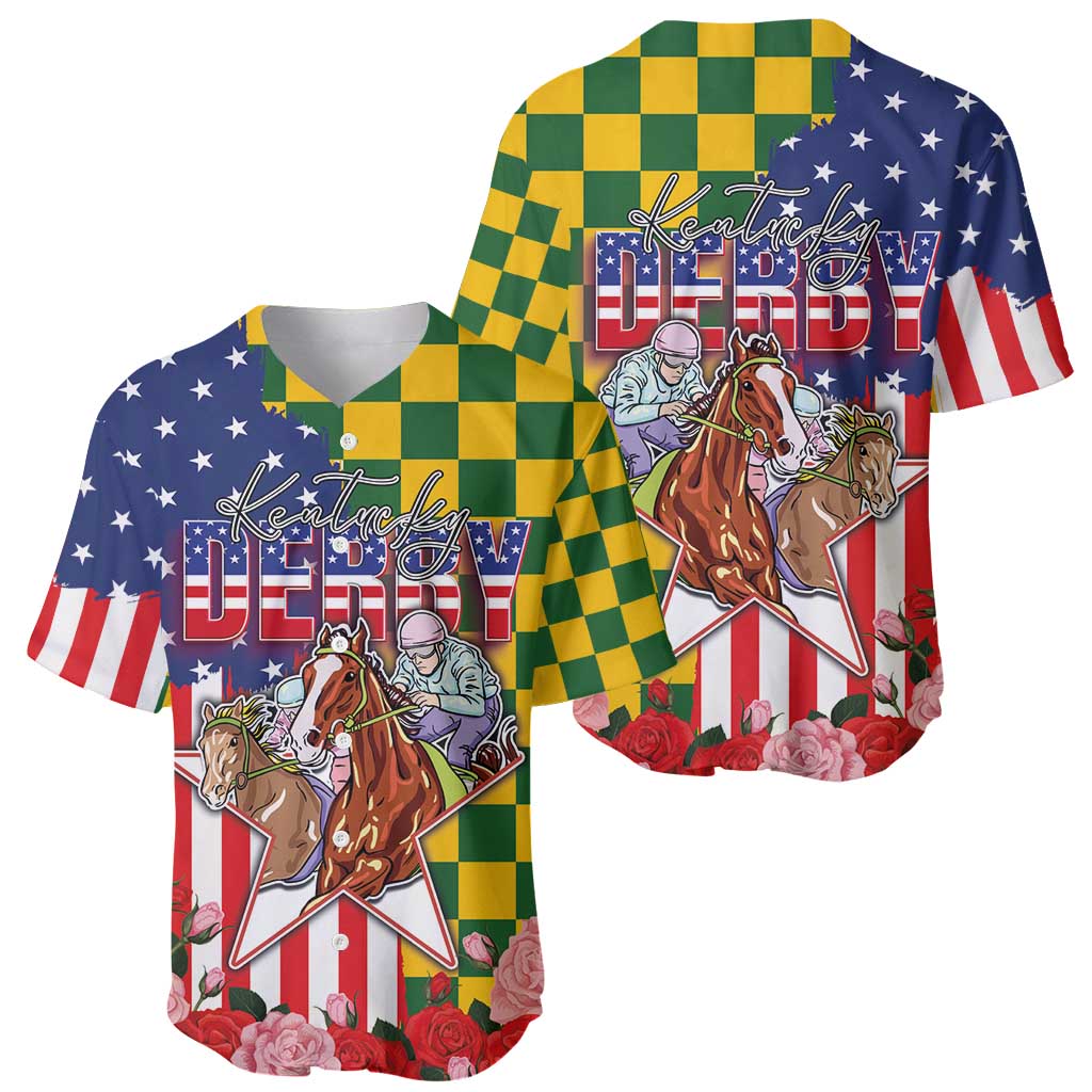 Kentucky Horses Racing Baseball Jersey US Flag Grunge and Check Pattern Green Color