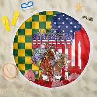 Kentucky Horses Racing Beach Blanket US Flag Grunge and Check Pattern Green Color