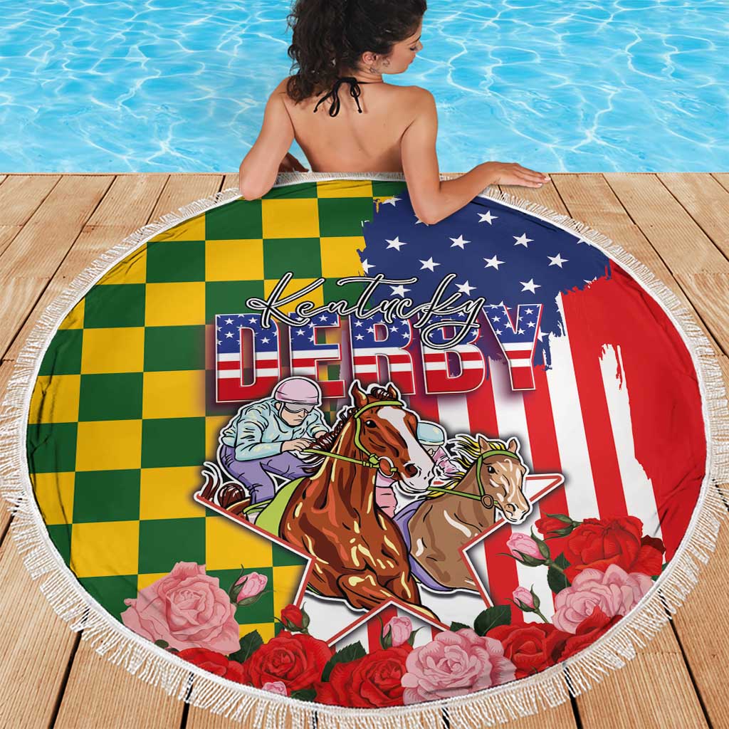 Kentucky Horses Racing Beach Blanket US Flag Grunge and Check Pattern Green Color