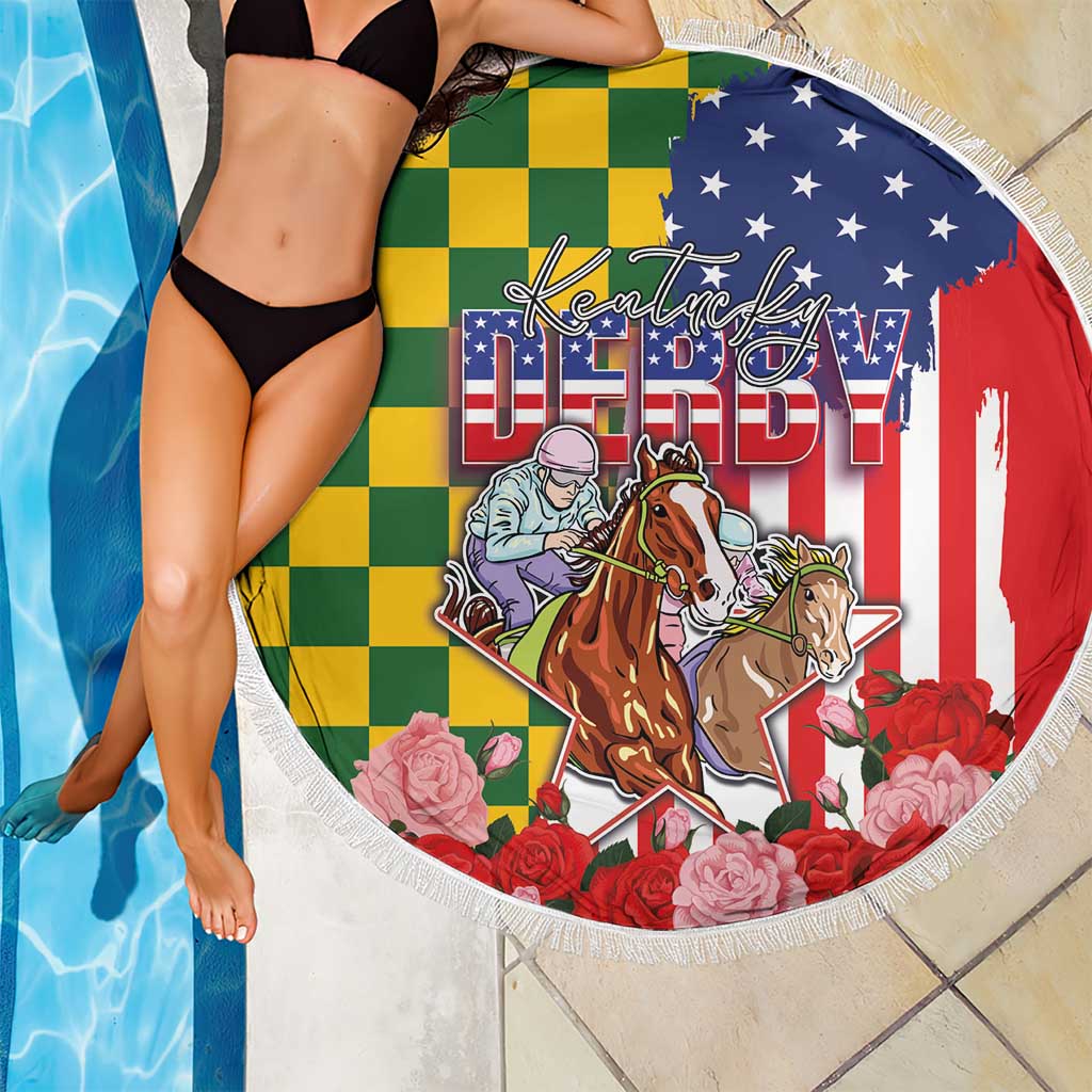 Kentucky Horses Racing Beach Blanket US Flag Grunge and Check Pattern Green Color