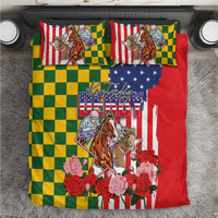 Kentucky Horses Racing Bedding Set US Flag Grunge and Check Pattern Green Color