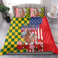 Kentucky Horses Racing Bedding Set US Flag Grunge and Check Pattern Green Color