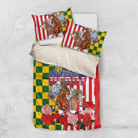 Kentucky Horses Racing Bedding Set US Flag Grunge and Check Pattern Green Color