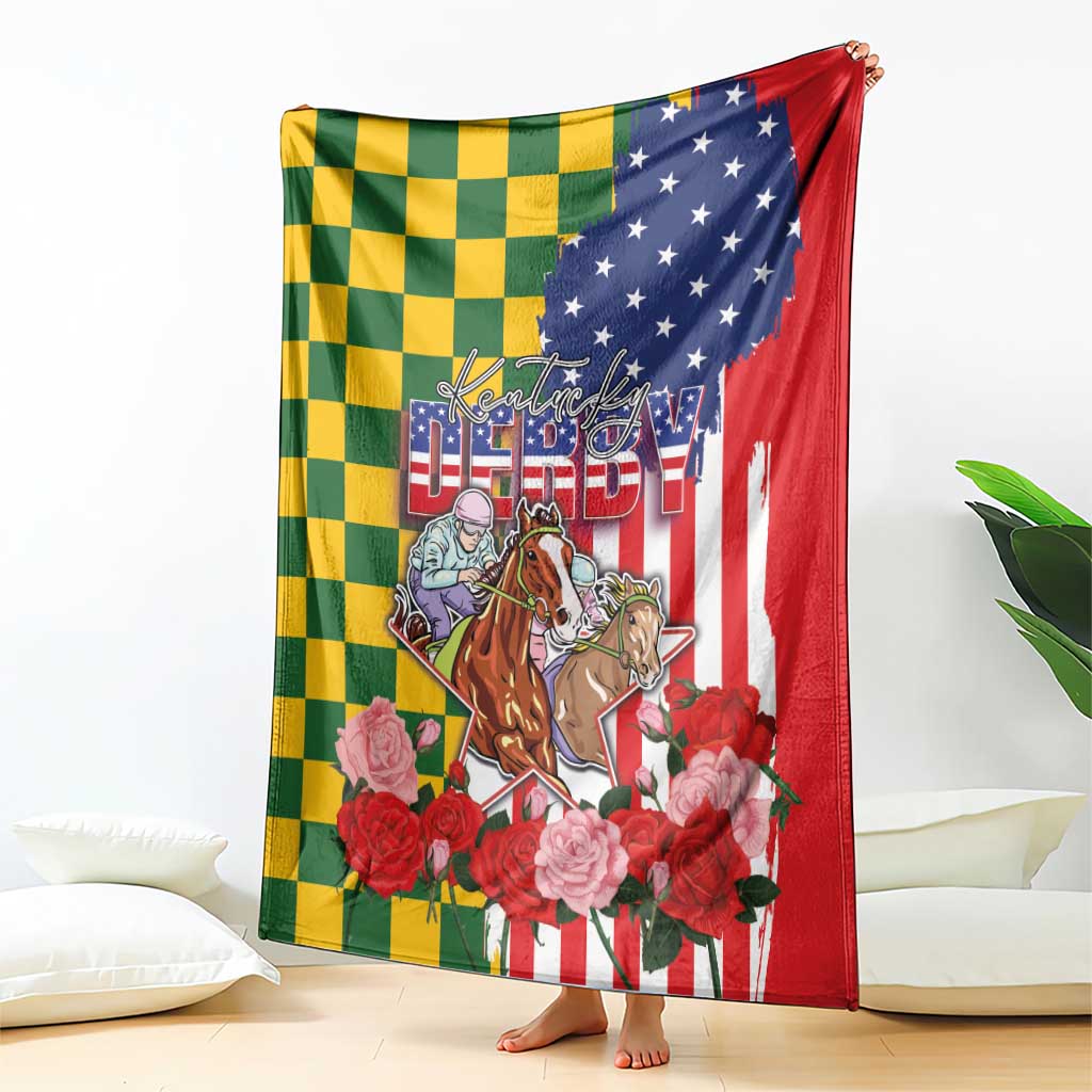 Kentucky Horses Racing Blanket US Flag Grunge and Check Pattern Green Color
