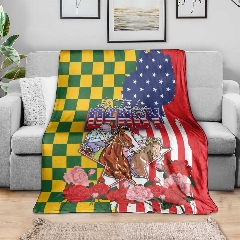 Kentucky Horses Racing Blanket US Flag Grunge and Check Pattern Green Color