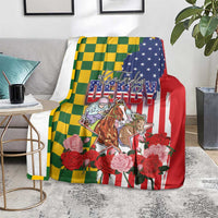 Kentucky Horses Racing Blanket US Flag Grunge and Check Pattern Green Color