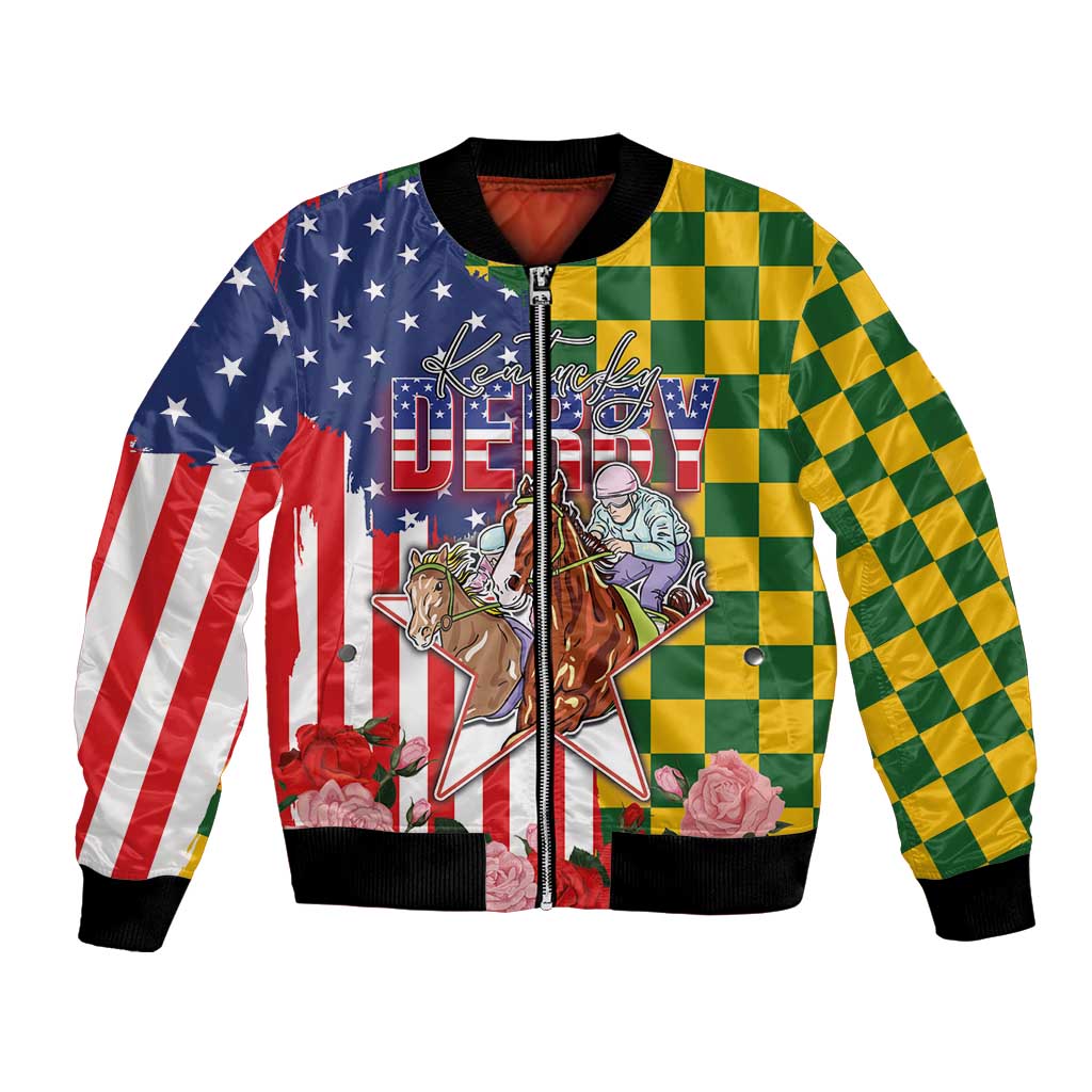 Kentucky Horses Racing Bomber Jacket US Flag Grunge and Check Pattern Green Color