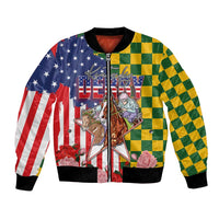 Kentucky Horses Racing Bomber Jacket US Flag Grunge and Check Pattern Green Color